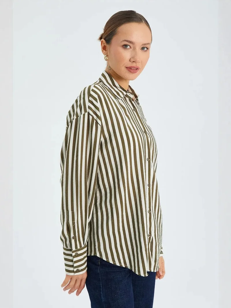 ميكسراي Mixray Striped Long Sleeve Button-Up Shirt